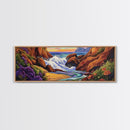 Rocky Shore, Ocean Splash, Sunset Cove, Botanical Scene, Framed Canvas Print, vibrant coastal wall art, beach bathroom decor, ocean vibe
