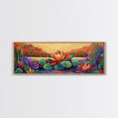 Lotus Bloom, Tranquil Pond, Sunset Flowers, Framed Canvas Print, Zen Wall Art, Yoga Studio Decor, Nature Inspired Floral Painting