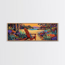 Peaceful Beach Chair, Vibrant Sunset Retreat, Tropical Escape Wall Art, Framed Canvas Print, Vacation Home Decor, Boho Island Artwork