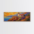 Lighthouse View, Ocean Sunset, Seaside House, Framed Canvas Print, Beach Coastal Decor, Nautical Living Room Art, Bold Color Art