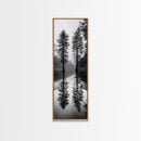 Twin Pines, Forest Reflection, Misty Lake, Black and White Nature, Framed Canvas Print, Living Room Wall Art, Nature Photography, Zen Decor