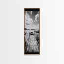 Docked Rowboat, Calm Waters, Rustic Pier, Serene Lake View, Framed Canvas Print, Black and White Coastal Art, Bedroom Wall Decor