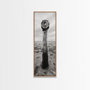 Driftwood Totem, Coastal Pillar, Ocean Beach Monochrome, Framed Canvas Print, Rustic Wall Art, Boho Bedroom Decor, Nature Photography