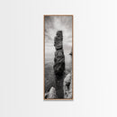 Coastal Rock, Ocean Tower, Nature Photography, Framed Canvas Print, Minimalist Wall Decor, Living Room Wall Art, Black and White Seascape
