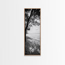 Coastal Tree Shade, Beach Sand Path, Seaside Serenity, Nature Retreat, Framed Canvas Print, Bathroom Wall Art, Neutral Tones, Calm Ocean Art