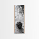 Beach Tumbleweed, Windy Dune, Coastal Drift, Seaside Simplicity, Monochrome Shoreline Framed Canvas Print, Bathroom Beach Wall Decor
