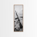 War Relic, AK Rifle, Surreal Beach Scene, Framed Canvas Print, Bold Statement Art, Bachelor Pad or Office Decor, Rustic Industrial Style