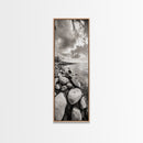 Sunrise Shore, Tranquil Coast, Pebble Beach, Golden Glow, Framed Canvas Print Fall Wall Art, Landscape Living Room Decor, Minimalist Aesthetic
