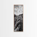 Rope in Sand, Beach Path Perspective, Coastal Journey, Framed Canvas Print, Bathroom Wall Art, Seaside Style, Minimalist Nautical Scene