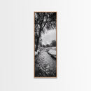 Peaceful Creek, Snow Trees, Winter Flow, Framed Canvas Print, Rustic Nature Art, Farmhouse Wall Decor, Serene Entryway Accent, Bedroom Decor