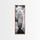Surfboard Vertical, Sandy Beach, Coastal Rocks, Ocean Horizon, Framed Canvas Print, Surf Art, Dorm Room Decor, Tropical Vibe