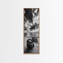 Coastal Bag, Driftwood Rock, Stormy Sea, Framed Canvas Print, Moody Beach Wall Art, Minimalist Decor, Ocean Vibe Photography