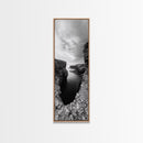 Seaside Cliffscape, Ocean Horizon, Monochrome Nature Scene, Framed Canvas Print, Coastal Living Room Art, Modern Rustic Wall Decor