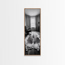 Leather Chair, Cozy Window, Cowhide Rug, Framed Canvas Print, Farmhouse Living Room Decor, Rustic Minimalist Art, Monochrome Interior