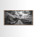 Seaside Village, Driftwood Cabins, Coastal Road, Vintage Fishing Town, Framed Canvas Print, Rustic Kitchen Wall Art, Moody Monochrome