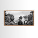 Misty Coastal Cliffs, Ocean Horizon, Monochrome Art, Nature Landscape, Canvas Print, Rustic Living Room Decor, Moody Wall Art, Black and White
