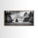 Hidden Coastal Cove, Dramatic Ocean Scene, Natural Seascape, Canvas Print, Rustic Cabin Wall Art, Black and White Beach Photography
