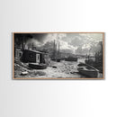 Old Fishing Harbor, Weathered Boats, Coastal Village Scene, Canvas Print, Nautical Kitchen Wall Art, Maritime Black and White Decor