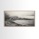 Coastal Fog Village, Misty Ocean Cliff Scene, Black and White Landscape, Canvas Print, Bedroom Wall Art, Rustic Coastal Decor