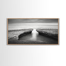 Ocean Rock Split, Calm Seascape Horizon, Monochrome Photography, Canvas Print, Bathroom Wall Art, Zen Coastal Aesthetic, Office Wall Art