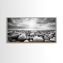 Pebble Beach Sunrise, Serene Rock Shore, Ocean Horizon Light, Framed Canvas Print, Bathroom Wall Art, Minimalist Coastal Decor