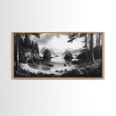 Coastal Forest View, Mountain Sea Horizon, Romantic Nature Scene, Framed Canvas Print, Living Room Wall Art, Vintage Landscape