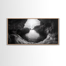 Ocean Cave Sunset, Seascape Art, Black and White Photography, Coastal Decor, Minimalist Style, Canvas Print, Bathroom Wall Art