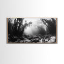 Kelp Forest Rays, Underwater Light, Black and White Ocean Scene, Framed Canvas Print, Nature Wall Art, Coastal Bathroom Decor