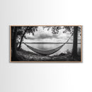 Hammock Lake, Restful Retreat, Trees Framing, Relax Mood, Framed Canvas Print, Bedroom Wall Art, Slow Living Style, Boho Natural Art