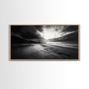 Stormy Coast, Dramatic Sky, Ocean Dusk, Monochrome Landscape, Framed Canvas Print, Bedroom Wall Art, Minimalist Coastal Decor
