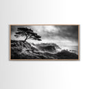 Lone Tree, Foggy Cliffs, Dramatic Landscape, Moody Sky, Framed Canvas Print, Nature Wall Art, Cabin Decor, Autumn Coastal Vibes