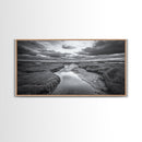 Marshland Serenity, River Flow, Cloudy Mood, Nature Calm, Framed Canvas Print, Coastal Wall Art, Bathroom Tranquil Landscape