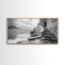 Stone Stairway, Ocean Cliff, Coastal Architecture, Mediterranean Charm, Framed Canvas Print, Rustic Wall Art, Entryway Travel Decor