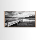 Marsh Dock Scene, Tranquil Water Landscape, Rustic Pier Canvas Print, Black and White Nature, Entryway Art, Coastal Country Home Decor