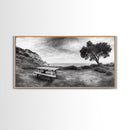 Picnic Table View, Coastal Meadow Scene, Tree and Cliff Horizon, Framed Canvas Print, Relaxing Kitchen or Outdoor Patio Wall Art