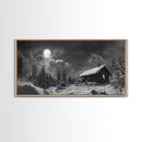 Snowy Cabin, Winter Night, Starry Sky, Cozy Mountain Scene, Framed Canvas Print, rustic lodge decor, Christmas art, bedroom wall print