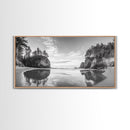 Sea Stacks, Calm Waters, Coastal Trees, Tranquil Morning, Framed Canvas Print, coastal wall art, nature inspired, entryway decor