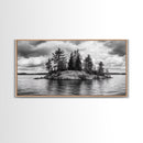 Lake Island, Pine Trees, Nature Panorama, Black and White Wilderness, Framed Canvas Print, Office Wall Art, Outdoor Inspired Decor