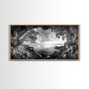 Ocean Cave View, Coastal Tree Framing, Tranquil Sea Scene, Nature Window Art, Framed Canvas Print, Bedroom Wall Art, Zen Decor