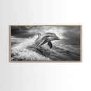 Leaping Dolphin, Ocean Life, Marine Animal, Waves Splashing, Framed Canvas Print, Coastal Kids Room Art, Beach House Decor