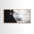 Foggy Cliff Coast, Ocean Pines Landscape, Moody Nature Art, Misty Seascape Scene, Framed Canvas Print, Living Room Wall Art, Fall Decor