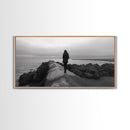 Woman Walking, Jetty View, Seaside Mood, Solitude Moment, Framed Canvas Print, Moody Wall Art, Bedroom Meditation Decor, Boho Decor