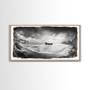 Shipwreck Beach Scene, Dramatic Coastline, Black and White Decor, Framed Canvas Print, Moody Art, Coastal Wall Art, Rustic Bedroom Print