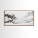 Snowy Cliff Reflection, Winter River Scene, Black and White Nature, Framed Canvas Print, Minimalist Wall Art, Neutral Winter Decor