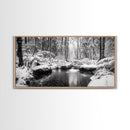 Winter Forest Creek, Snow Covered Trees, Black and White Tranquil Art, Canvas Print, Holiday Wall Art, Nature Lover Gift, Cozy Vibe