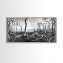 Burnt Forest, Moody Trees, Coastal Landscape, Nature Scene, Framed Canvas Print, Rustic Wall Art, Boho Decor, Fall Home Aesthetic