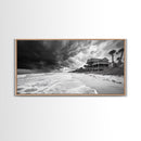 Stormy Beach House, Coastal Decor, Monochrome Photography, Beachfront Scene, Canvas Print, Moody Ocean Wall Art, Bedroom Coastal Wall Decor