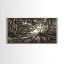 Enchanted Forest Light, Tree Shadows, Nature Landscape, Framed Canvas Print, Rustic Wall Art, Entryway Woodland Decor, Boho Forest Print