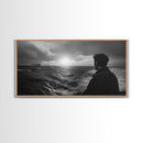 Man Watching Sea, Stormy Ocean View, Emotional Scene, Canvas Print, Moody Coastal Decor, Office Wall Art, Nautical Monochrome Style