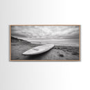 Surfboard, Coastal Shore, Serene Beach, Cloudy Sky, Framed Canvas Print, surfer room decor, rustic beach wall art, neutral home style